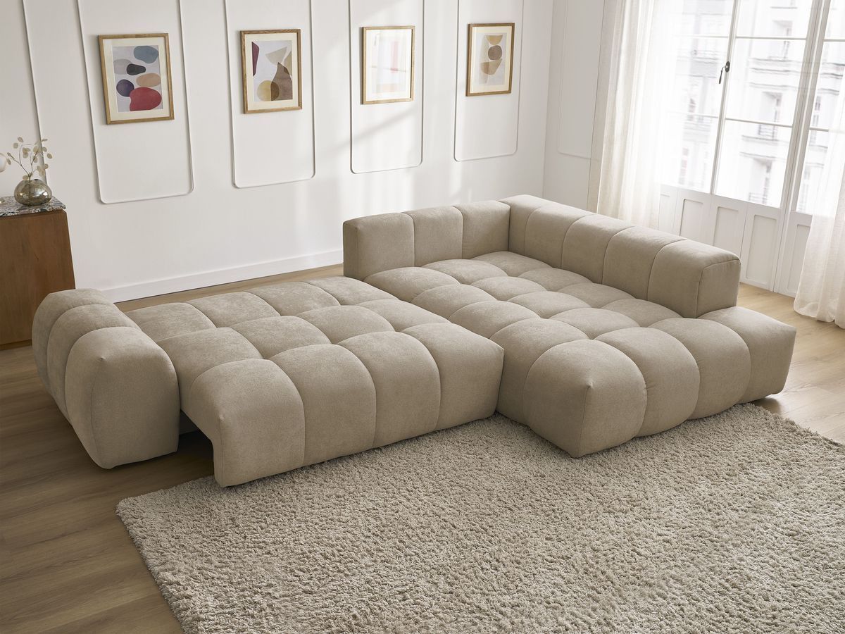 Bobochic Everest Ecksofa mit Schlaffunktion und Bettkasten 320 × 212 cm, 10 Kissen Strukturstoff Taupe Ecke rechts