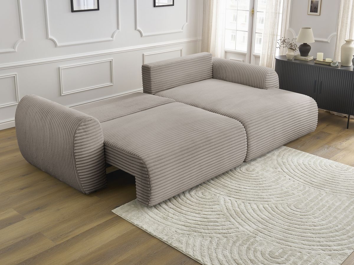 Bobochic Lucien Ecksofa mit Schlaffunktion und Bettkasten 314 × 167 cm Breitcord weich Taupe Ecke rechts