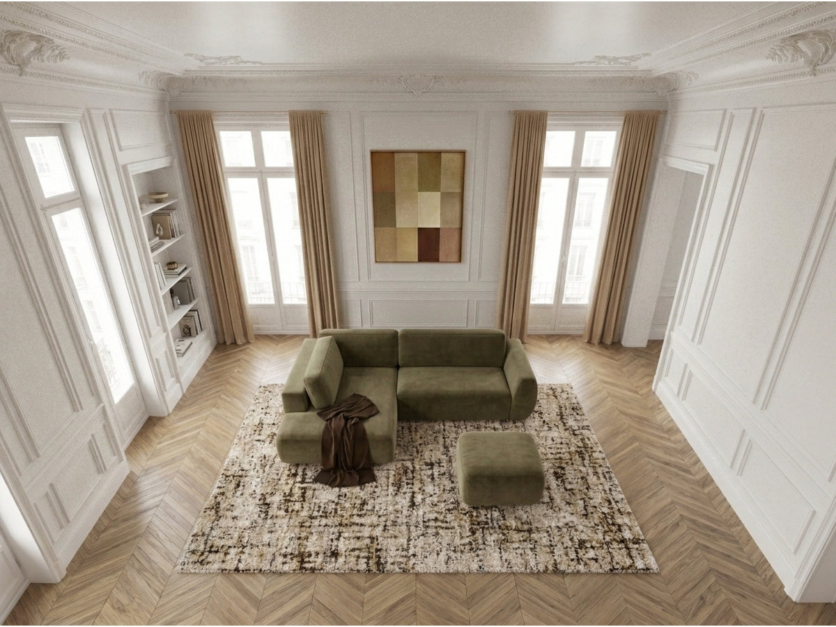 Bobochic Denise Ecksofa mit Schlaffunktion und Bettkasten und Pouf 256 × 197 cm Strukturstoff Grün Ecke links
