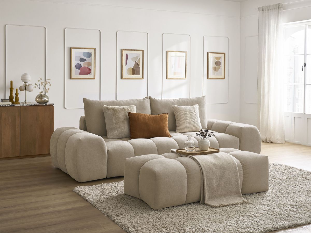 Bobochic Everest Schlafsofa 3-Sitzer mit Bettkasten und Pouf, 2 Kissen Strukturstoff Taupe