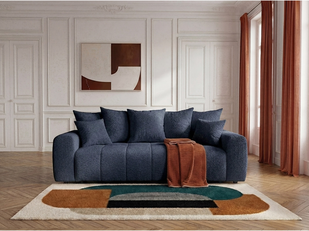 Bobochic Roxelane Schlafsofa 3-Sitzer mit Bettkasten Bouclé-Stoff Dunkelblau
