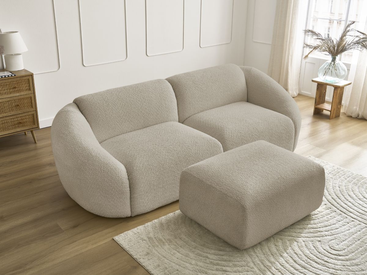 Bobochic Tina Sofa 4-Sitzer mit Pouf Bouclé-Stoff Beige
