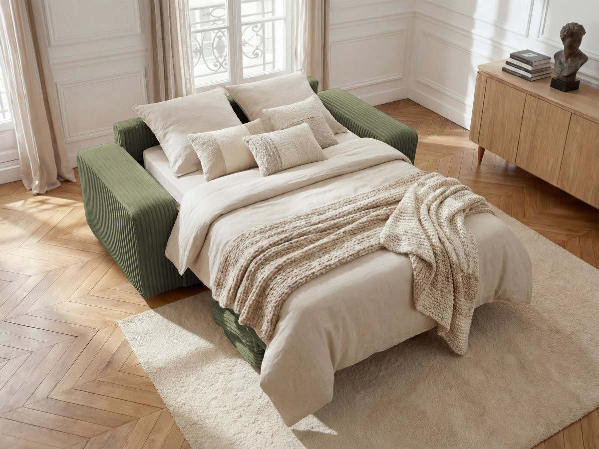 Bobochic Ibiza Schlafsofa 3-Sitzer Cordsamt Grün, Liegefläche 140 × 196 cm