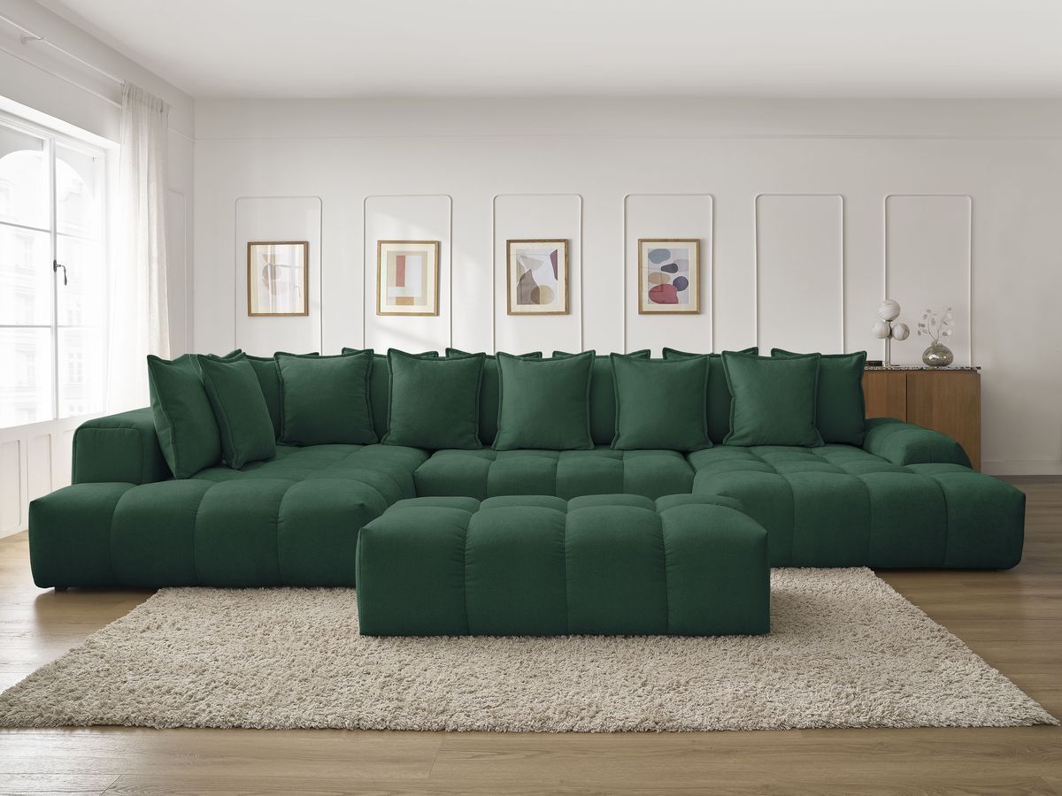 Bobochic Everest Wohnlandschaft mit Pouf, 14 Kissen Strukturstoff Grün Ecke rechts