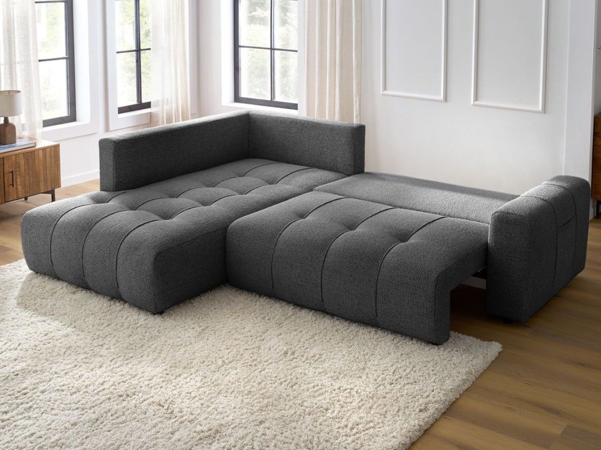 Bobochic Arsene Ecksofa mit Schlaffunktion und Bettkasten 277 × 200 cm Melange-Stoff Dunkelgrau Ecke links