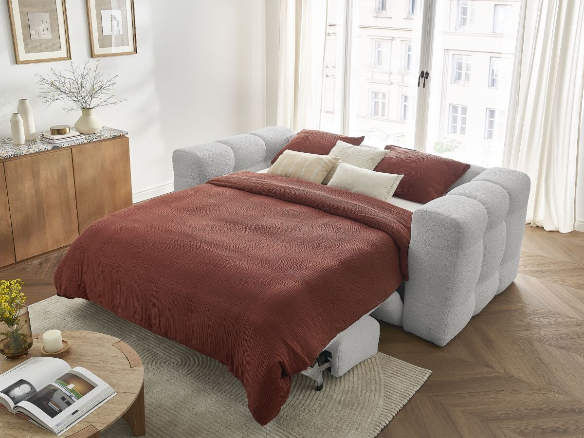 Bobochic Cloud Schlafsofa 3-Sitzer Bouclé-Stoff Hellgrau