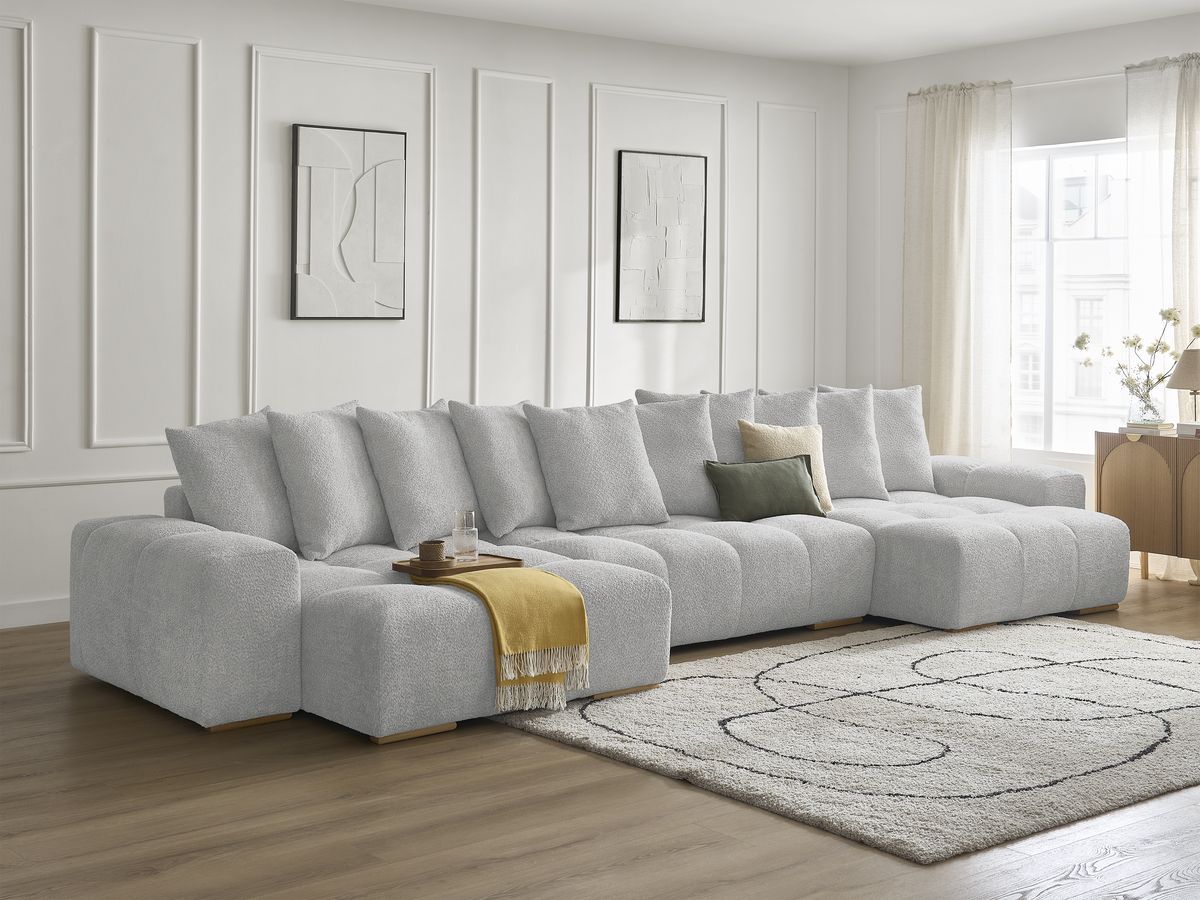 Bobochic Anakin Wohnlandschaft, 10 Kissen Bouclé-Stoff Hellgrau