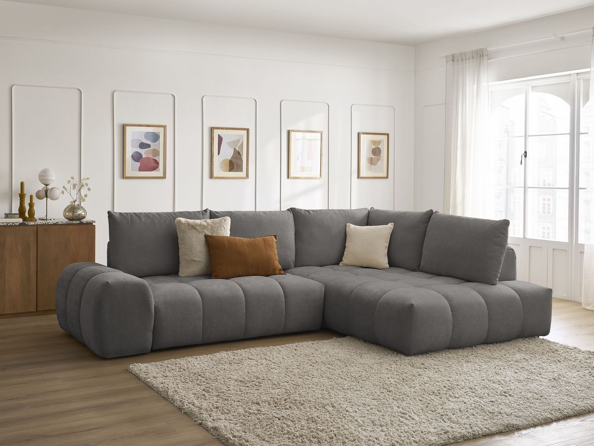 Bobochic Everest Ecksofa mit Schlaffunktion und Bettkasten 320 × 212 cm, 5 Kissen Strukturstoff Dunkelgrau Ecke rechts