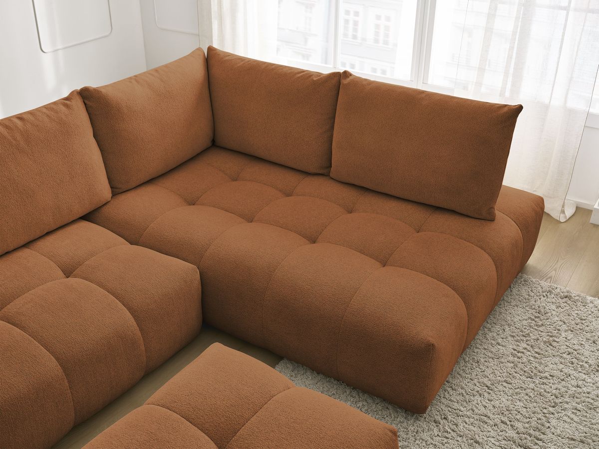 Bobochic Everest Ecksofa mit Schlaffunktion und Bettkasten und Pouf 320 × 212 cm, 5 Kissen Melange-Stoff Orange Ecke rechts