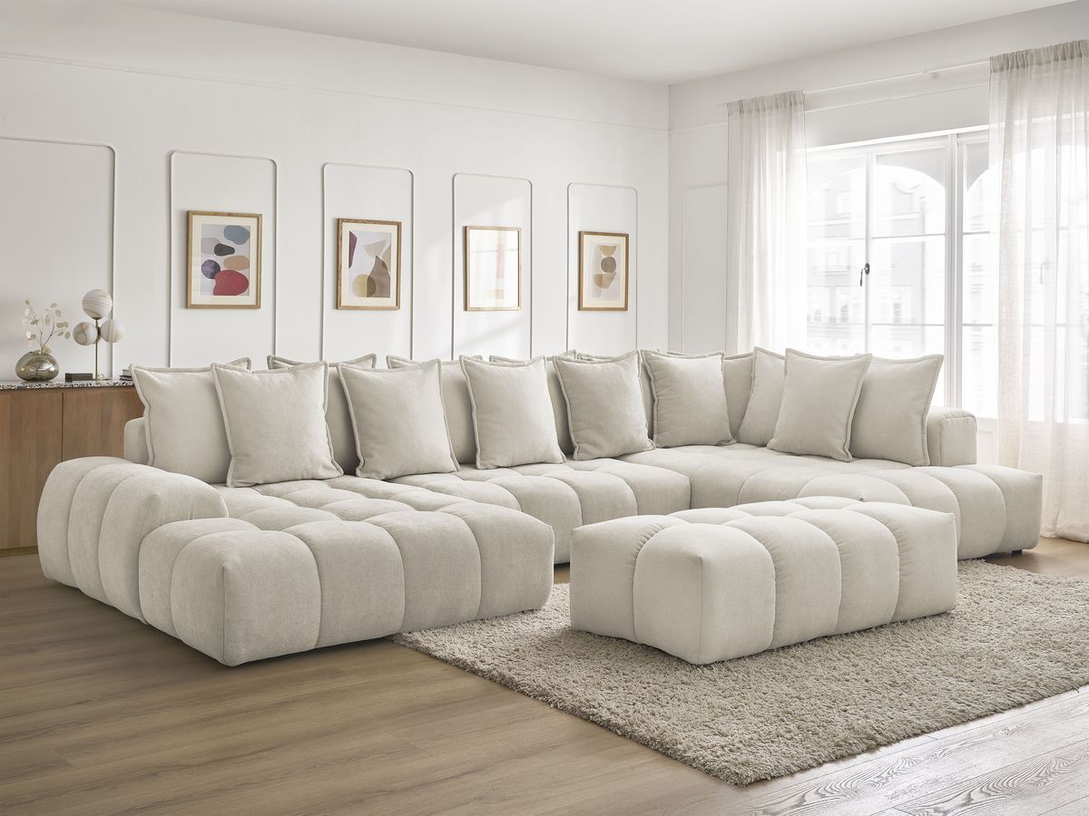 Bobochic Everest Wohnlandschaft mit Pouf, 14 Kissen Strukturstoff Beige Ecke links