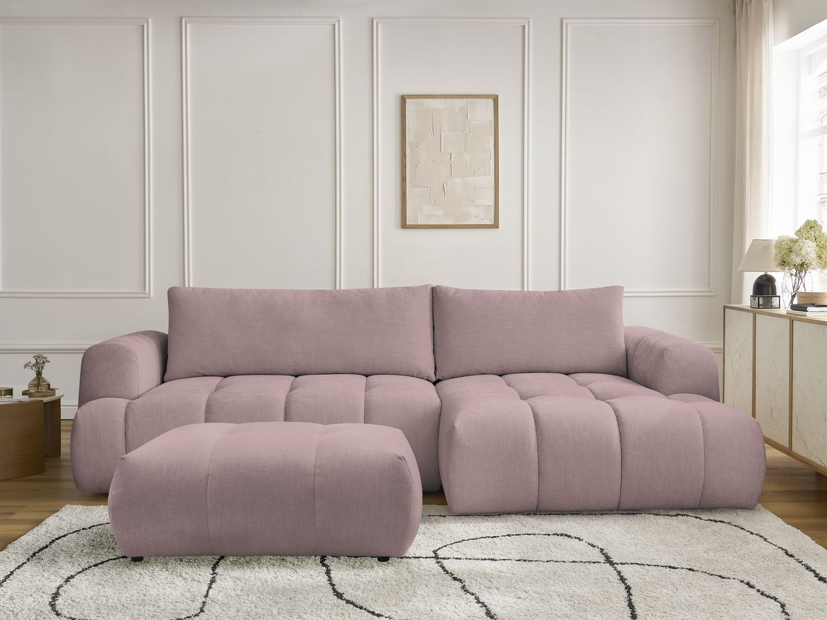 Bobochic Fuji Ecksofa mit Schlaffunktion und Bettkasten und Pouf 292 × 160 cm Stoff Rosa Ecke rechts