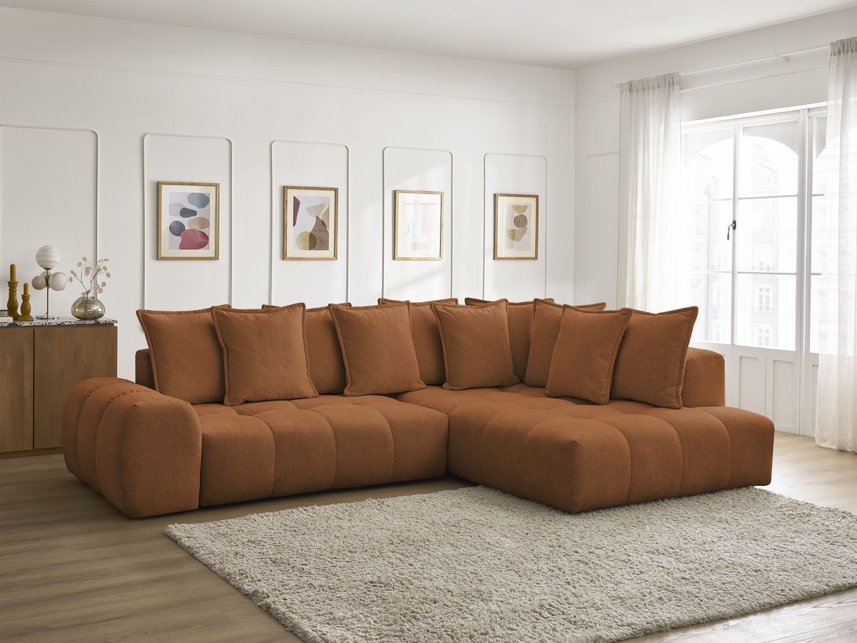 Bobochic Everest Ecksofa mit Schlaffunktion und Bettkasten 320 × 212 cm, 10 Kissen Melange-Stoff Orange Ecke rechts