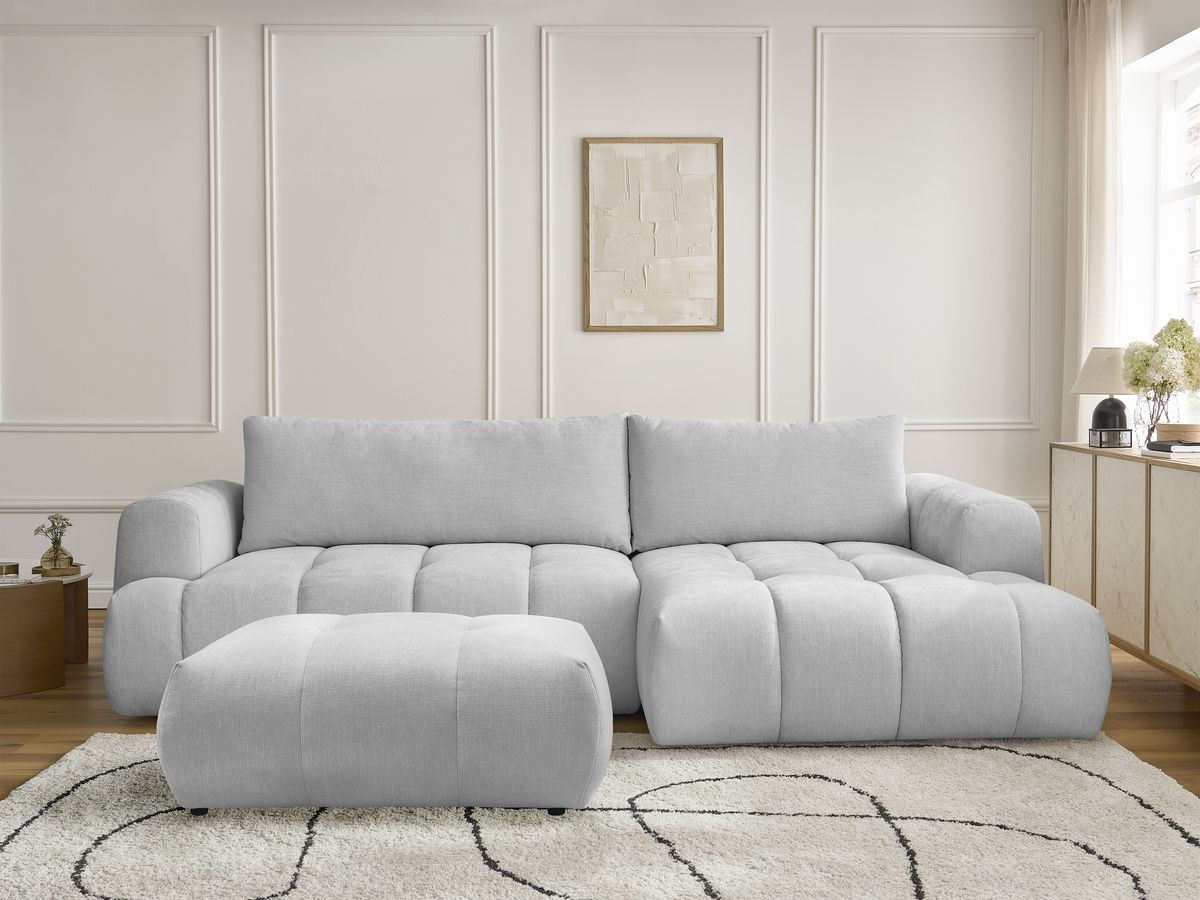 Bobochic Fuji Ecksofa mit Schlaffunktion und Bettkasten und Pouf 292 × 160 cm Stoff Hellgrau Ecke rechts