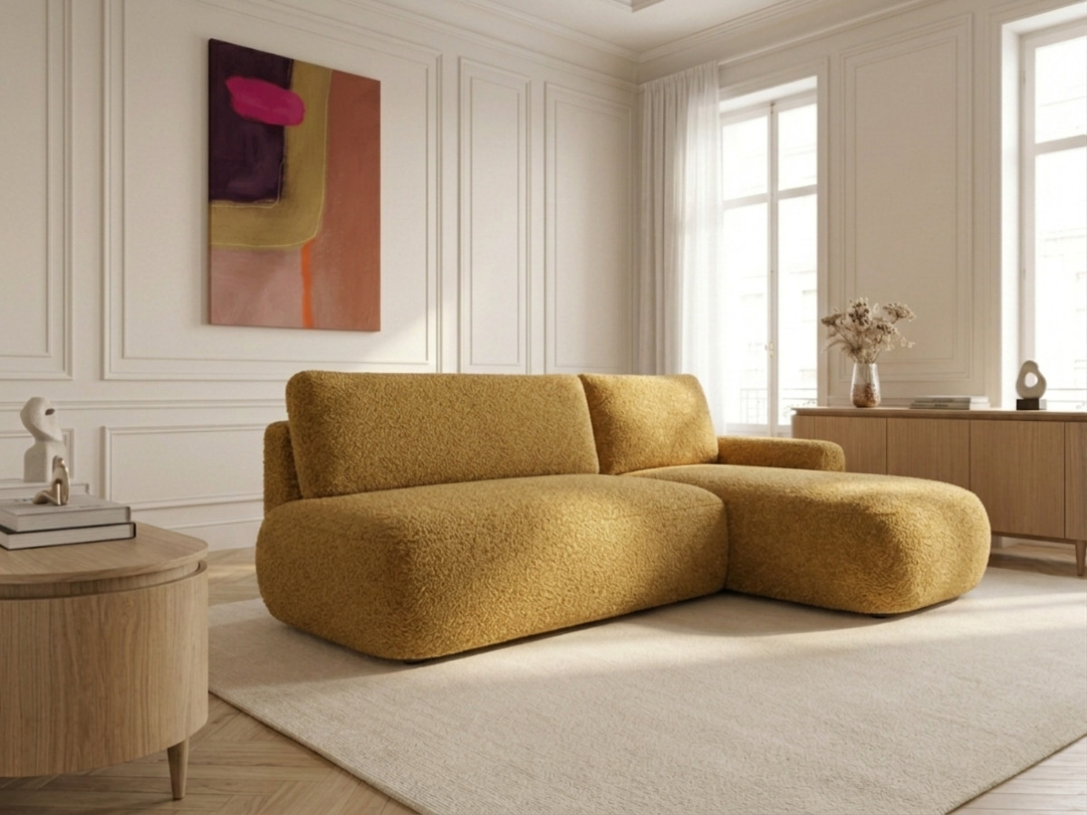 Bobochic Tango Ecksofa mit Schlaffunktion und Bettkasten Bouclé-Stoff Gelb Ecke rechts