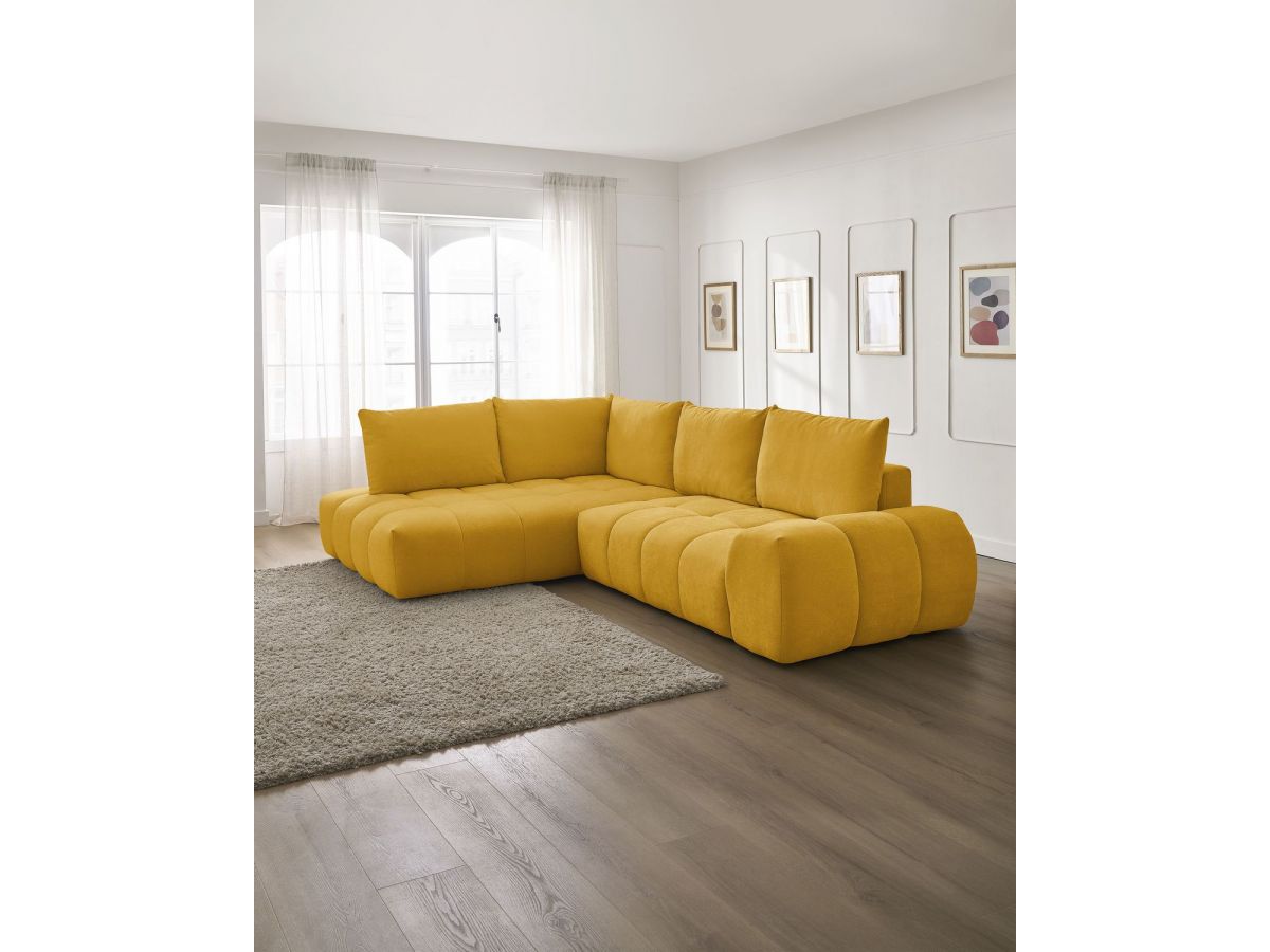 Bobochic Everest Ecksofa mit Schlaffunktion und Bettkasten 320 × 212 cm, 5 Kissen Strukturstoff Gelb Ecke links