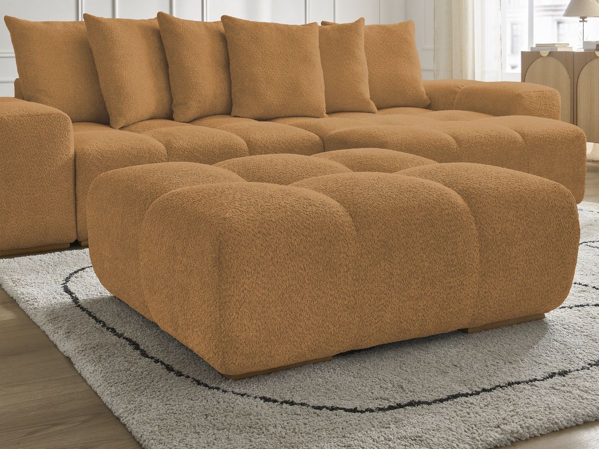 Bobochic Anakin Ecksofa mit Schlaffunktion und Bettkasten und Pouf, 6 Kissen Bouclé-Stoff Gelb