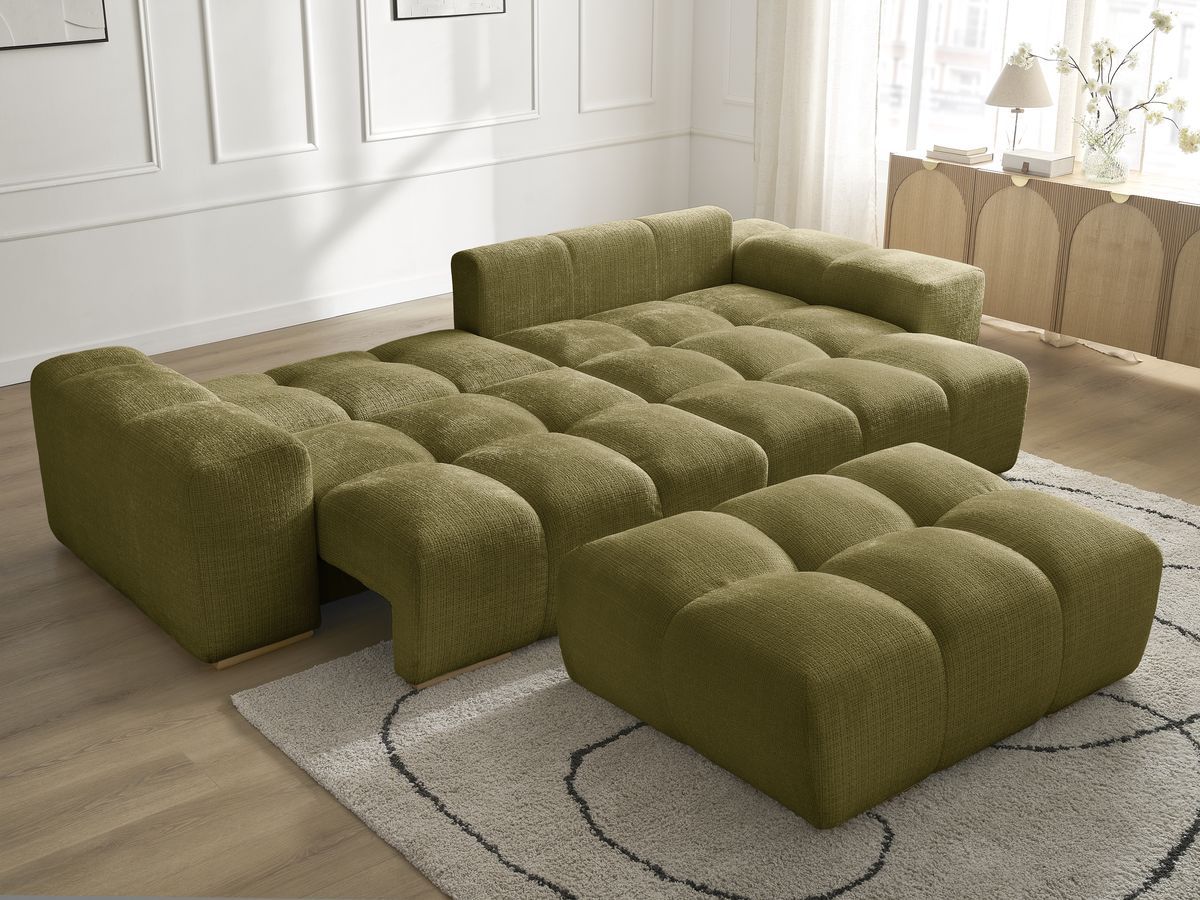 Bobochic Anakin Ecksofa mit Schlaffunktion und Bettkasten und Pouf, 2 Kissen Strukturstoff Grün