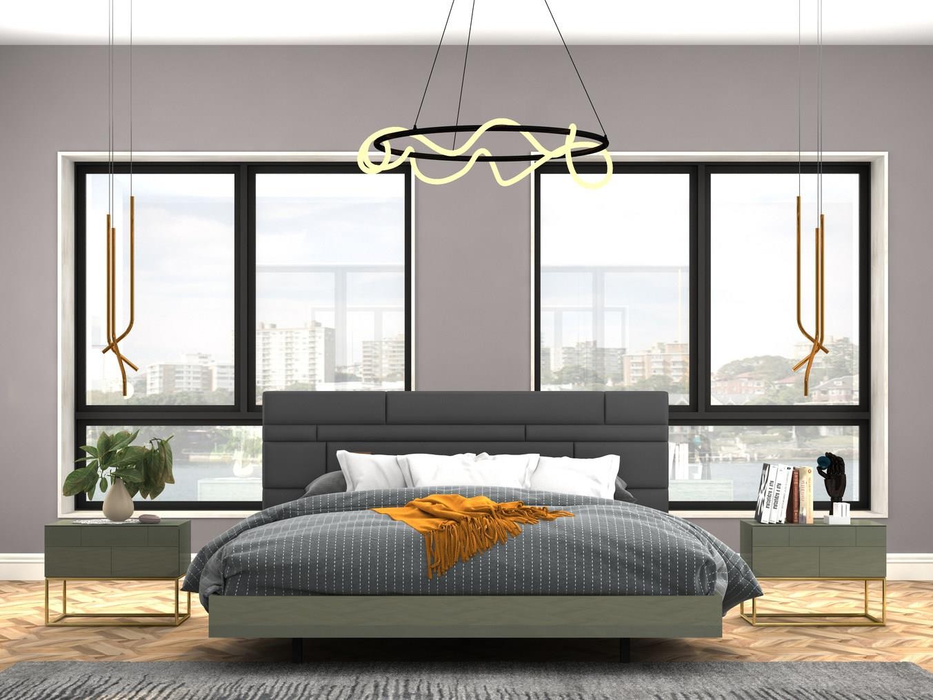 Moebelfaktor Livin Hill Bett RH09-+-RH08x2 Zementgruenes, hochglaenzendes, graues Kopfteil