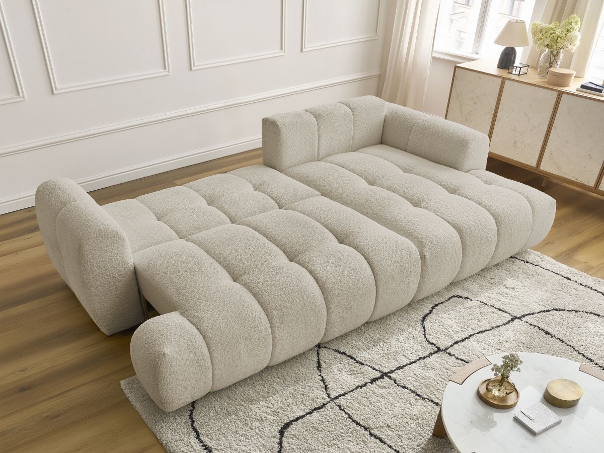 Bobochic Fuji Ecksofa mit Schlaffunktion und Bettkasten 292 × 160 cm Bouclé-Stoff Beige Ecke rechts