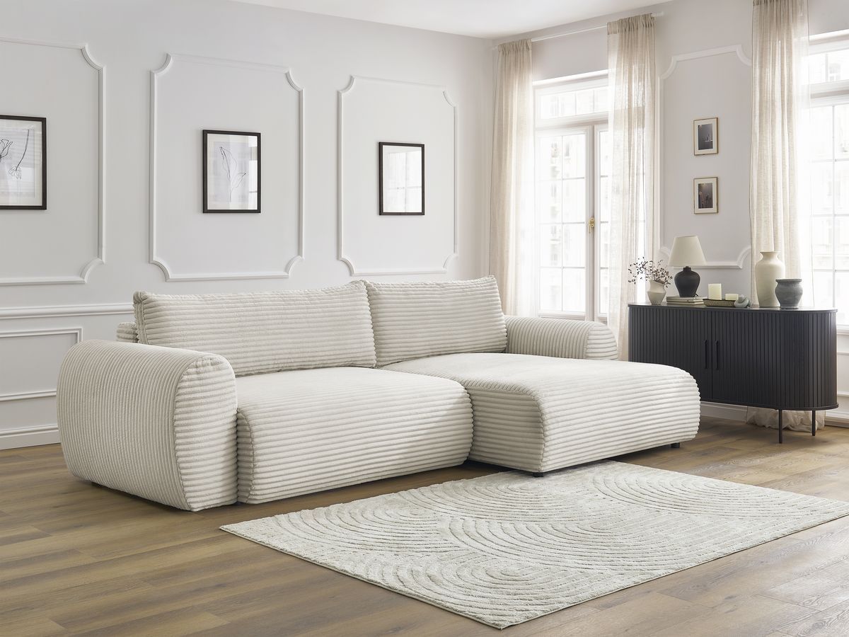 Bobochic Lucien Ecksofa mit Schlaffunktion und Bettkasten 314 × 167 cm Breitcord weich Beige Ecke rechts