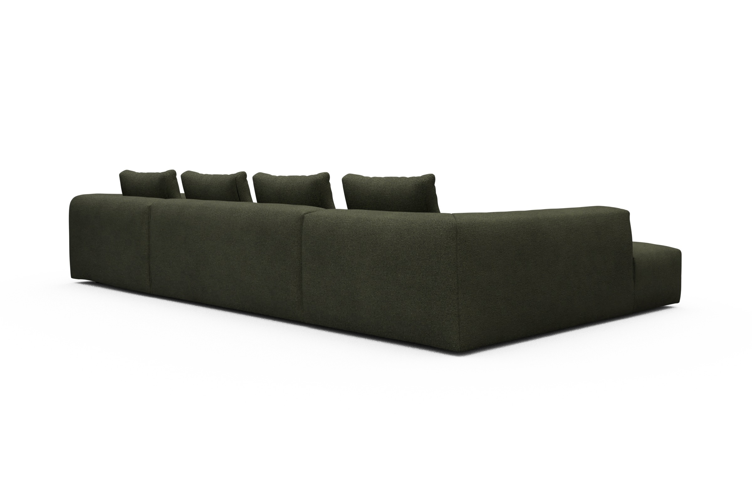 Wohnlandschaft Fred Relax-Ecke links mit 2-Sitzer und Chaiselongue rechts Boucle Skandi 535-Forest-Green