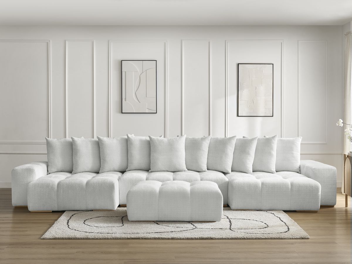 Bobochic Anakin Wohnlandschaft mit Pouf, Liegefläche 137 × 382 cm, 10 Kissen Strukturstoff Hellgrau
