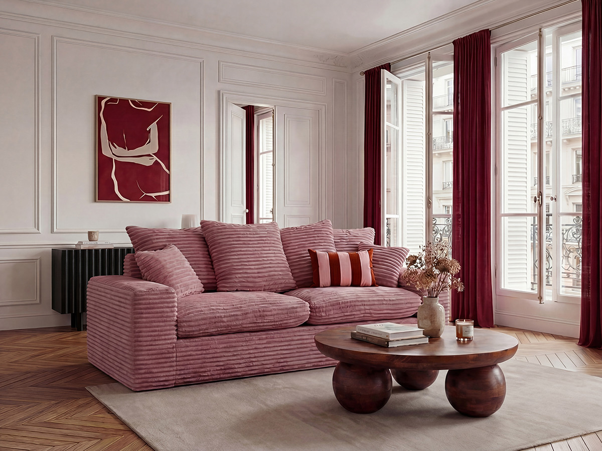 Bobochic Nevada Sofa 2,5-Sitzer Breitcord weich Rosa