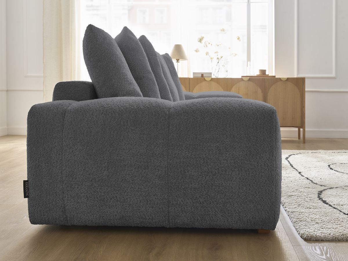 Bobochic Anakin Schlafsofa 3-Sitzer mit Bettkasten, 6 Kissen Bouclé-Stoff Dunkelgrau