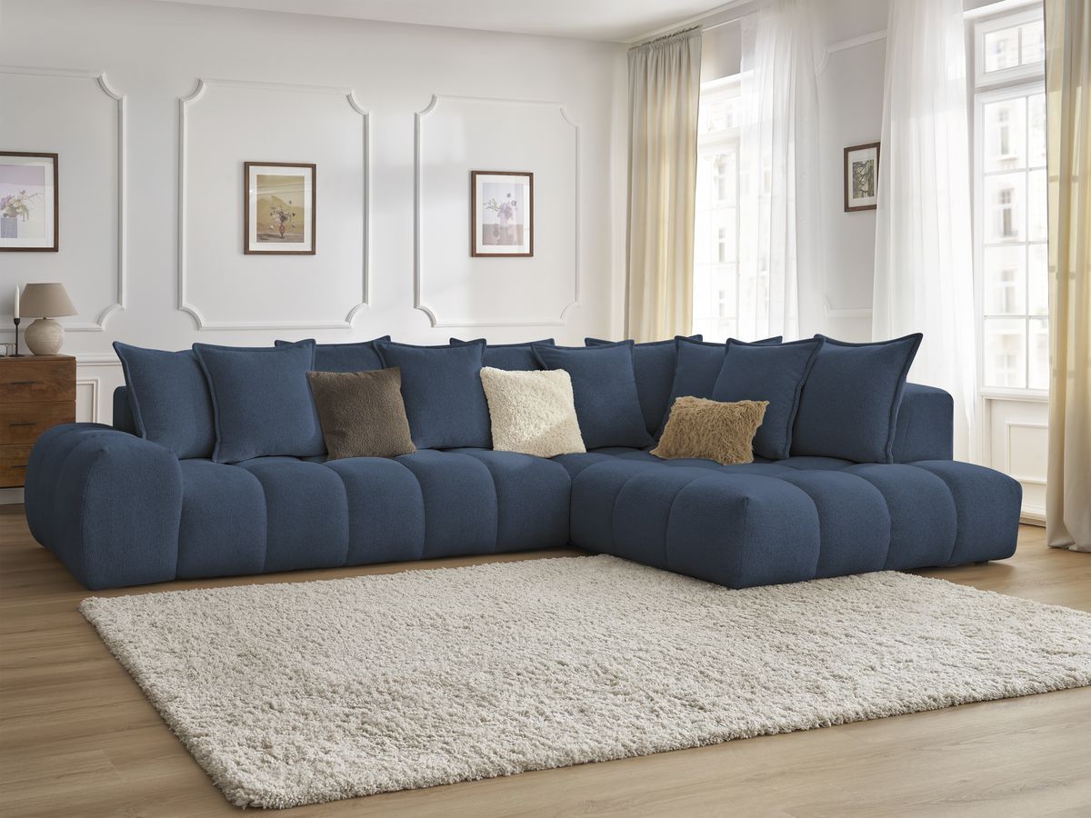 Bobochic Everest Ecksofa, 10 Kissen Melange-Stoff Dunkelblau Ecke rechts