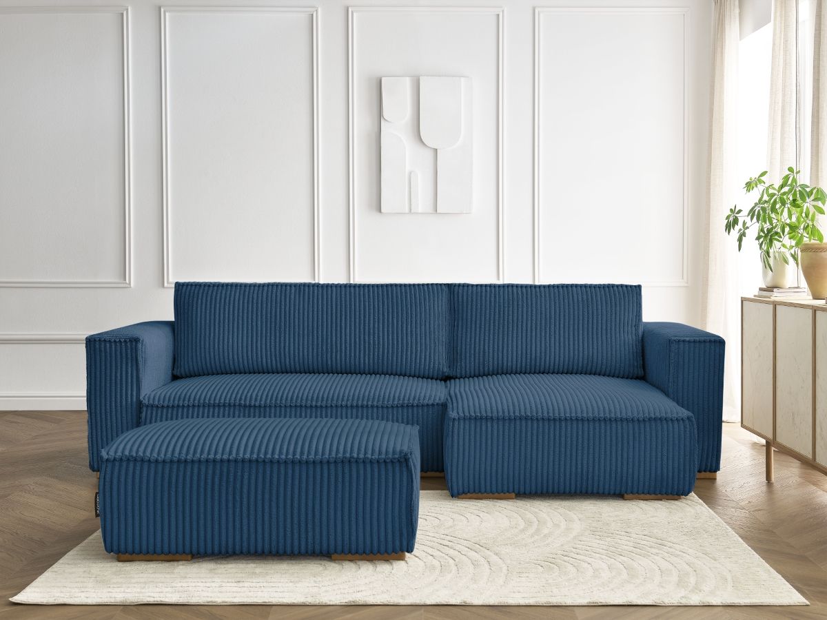 Bobochic Chelsea Ecksofa mit Schlaffunktion und Bettkasten und Pouf Breitcord weich Dunkelblau