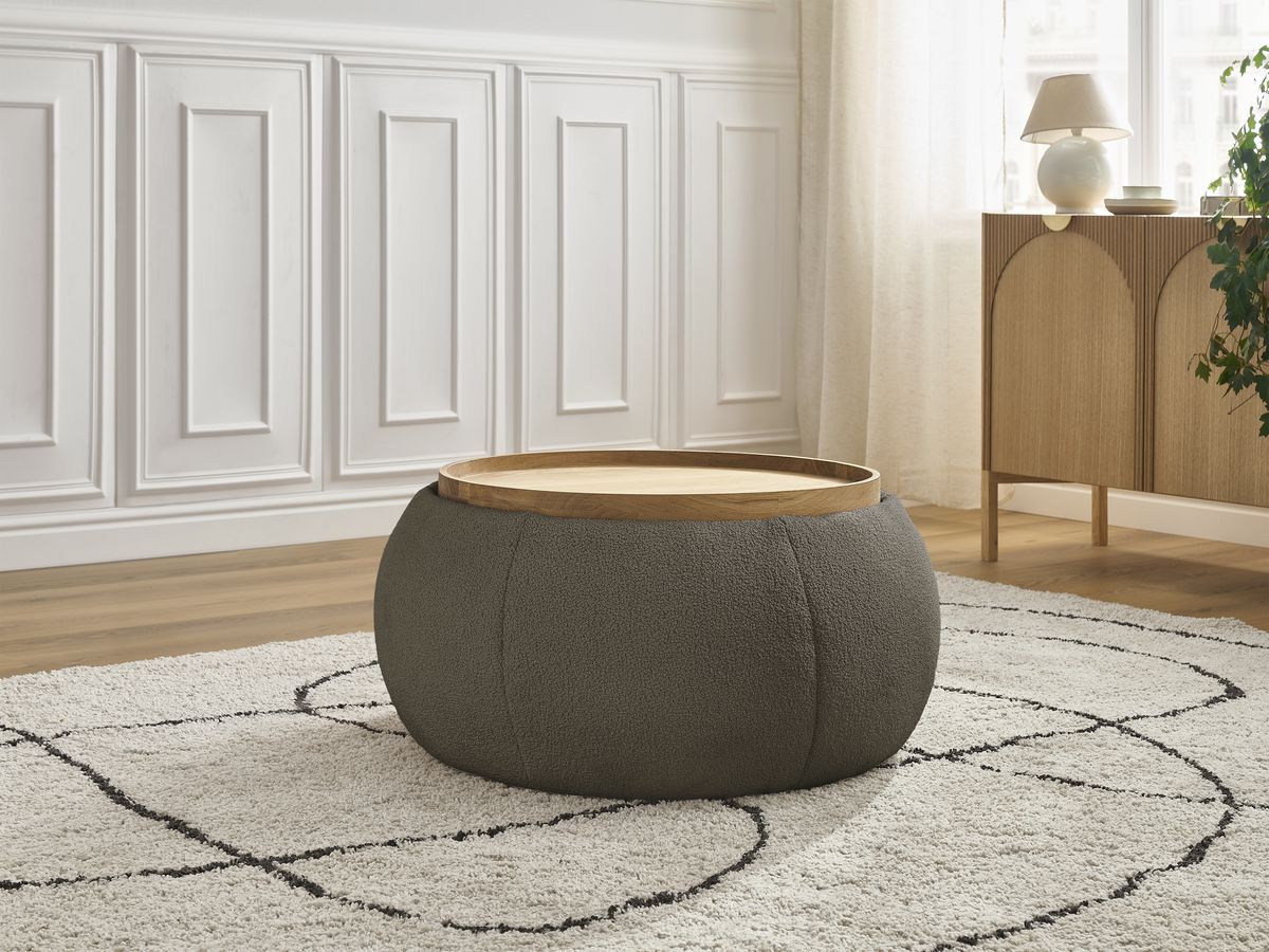 Bobochic Hayden Pouf mit Tablett, rund Bouclé-Stoff Braun, 77 cm