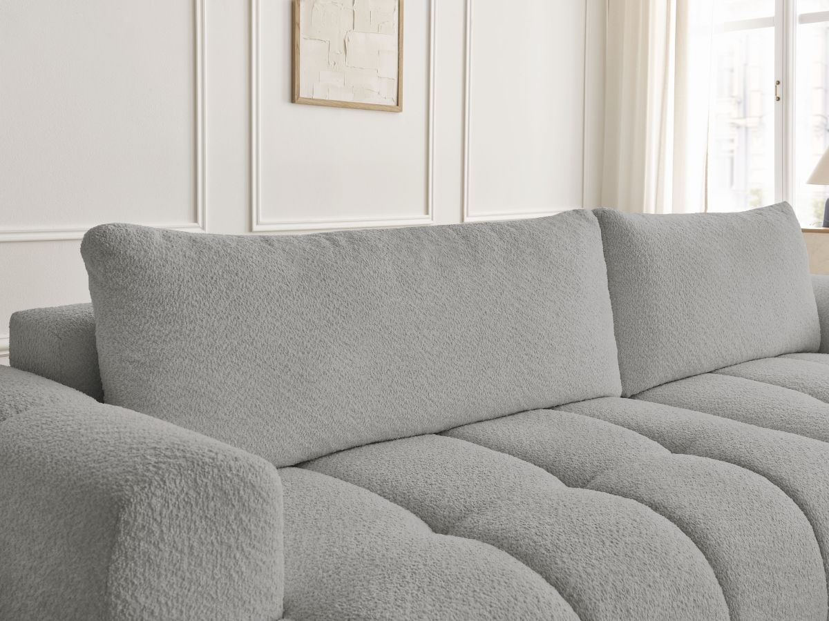 Bobochic Fuji Ecksofa mit Schlaffunktion und Bettkasten und Pouf 292 × 160 cm Bouclé-Stoff Hellgrau Ecke rechts