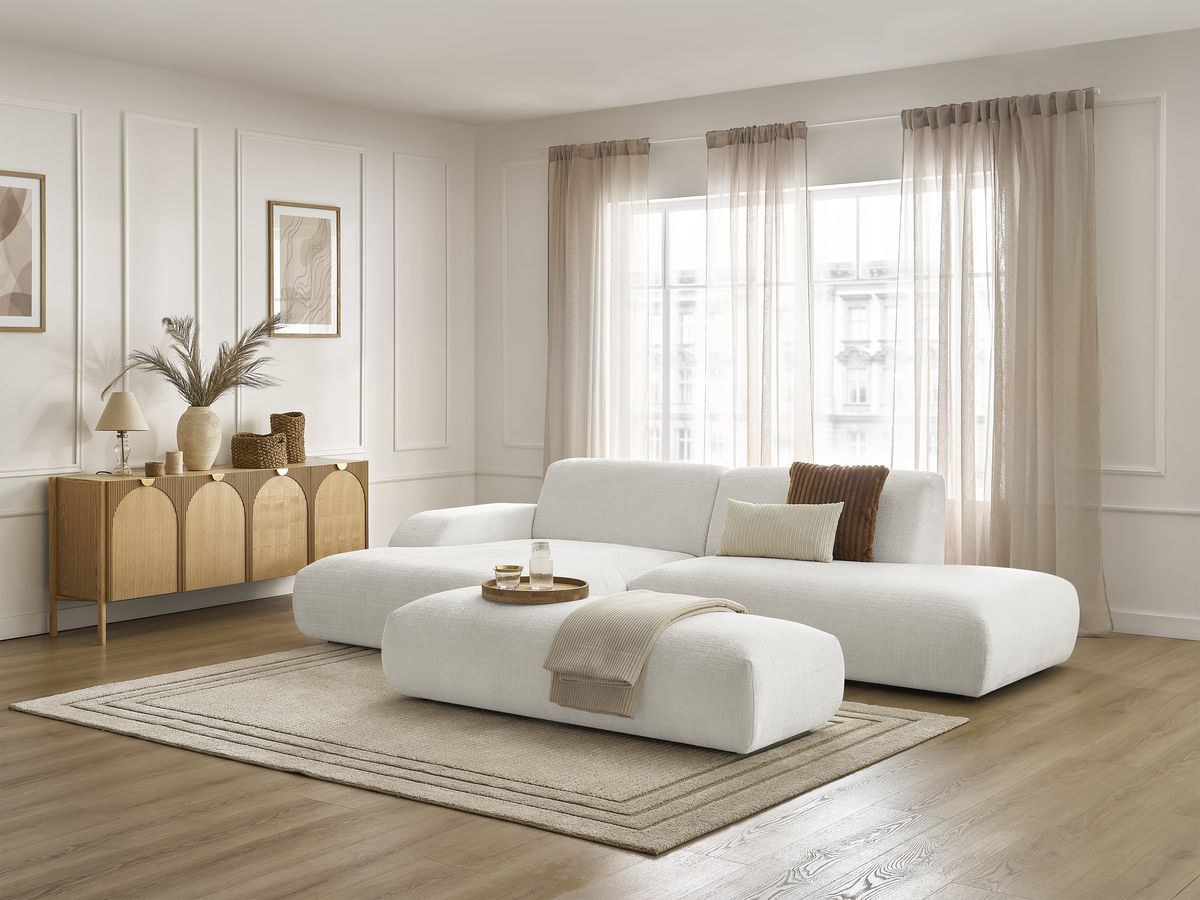 Bobochic Sirius Ecksofa mit Pouf 300 × 170 cm Strukturstoff Weiß Ecke links