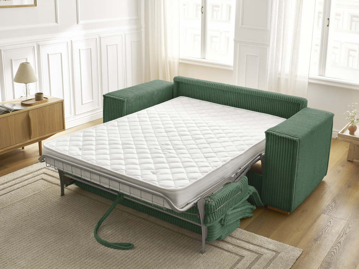 Bobochic Chelsea Schlafsofa 3-Sitzer Cordsamt Grün, Liegefläche 140 × 200 cm