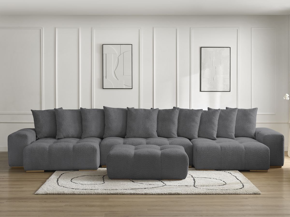 Bobochic Anakin Wohnlandschaft mit Pouf, Liegefläche 137 × 382 cm, 10 Kissen Bouclé-Stoff Dunkelgrau