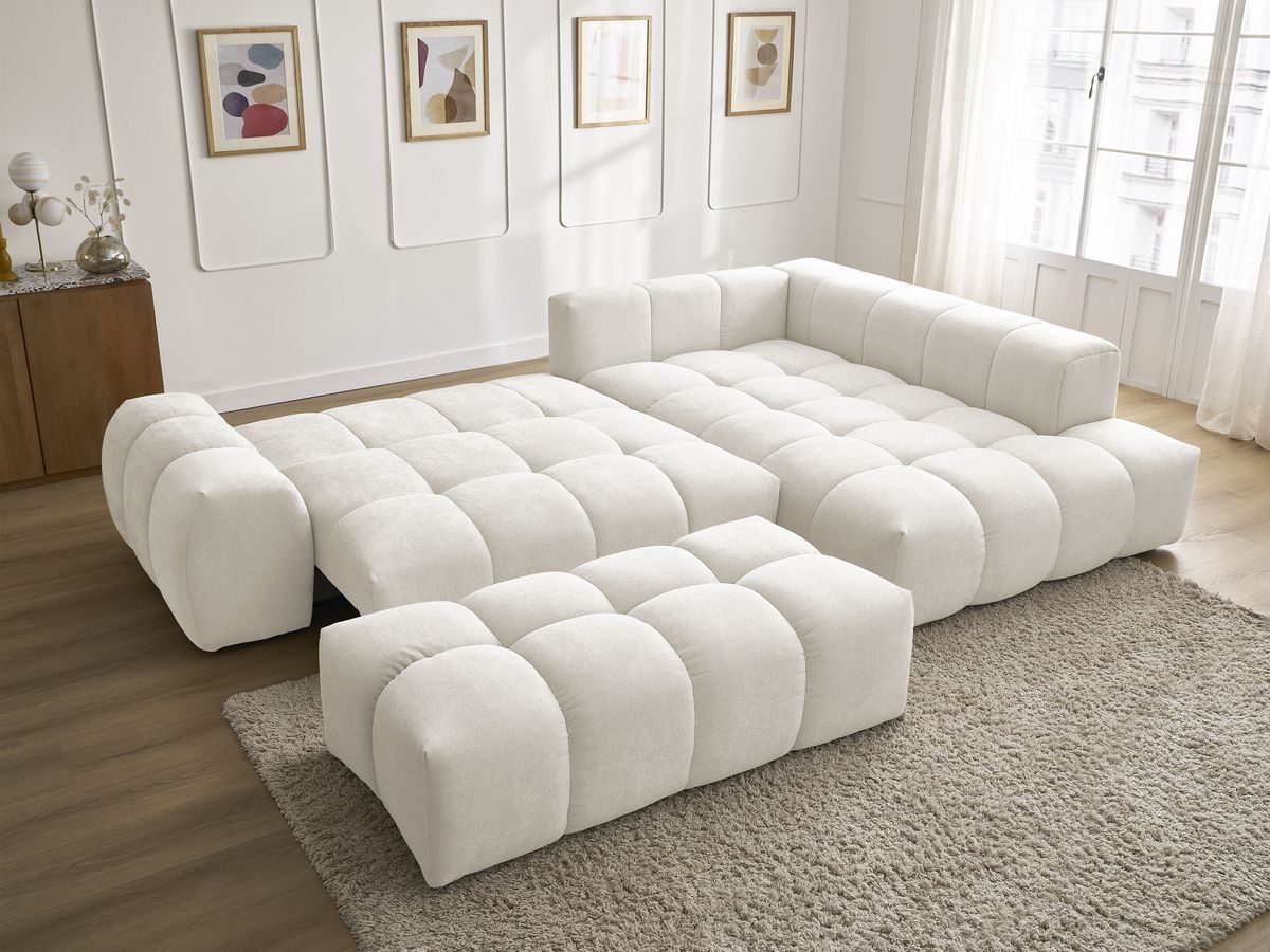 Bobochic Everest Ecksofa mit Schlaffunktion und Bettkasten und Pouf 320 × 212 cm, 5 Kissen Strukturstoff Weiß Ecke rechts