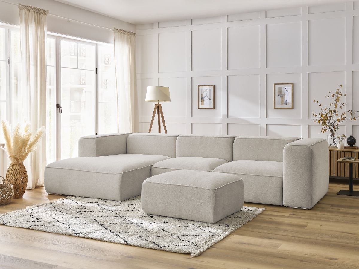 Bobochic Zephyr Ecksofa mit Pouf 349 × 165 cm Strukturstoff Beige Ecke links