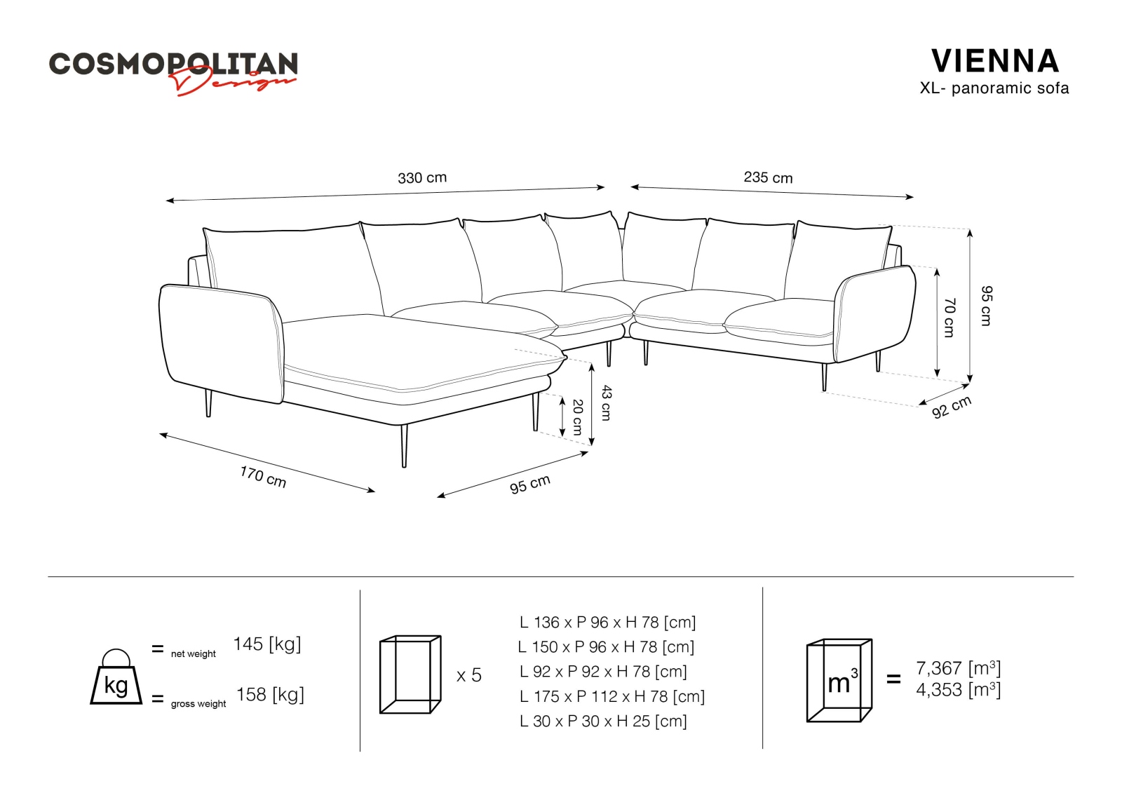 Cosmopolitan Design Panoramasofa Vienna 7-Sitzer Samt Bluvel Schwarz Rechts Beine Gold