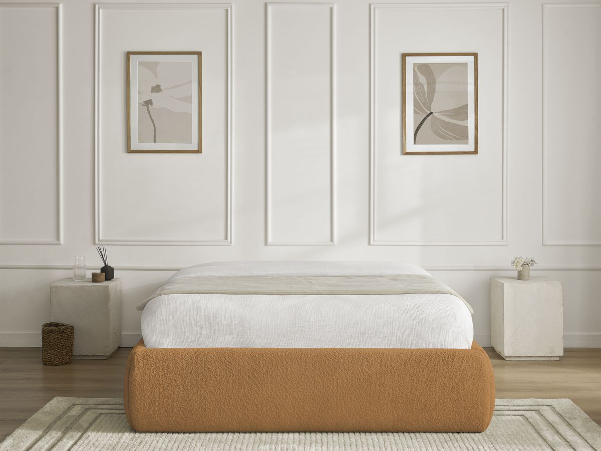 Bobochic Inera Bettgestell mit Bettkasten, ohne Kopfteil Bouclé-Stoff Gelb, Liegefläche 160 × 200 cm