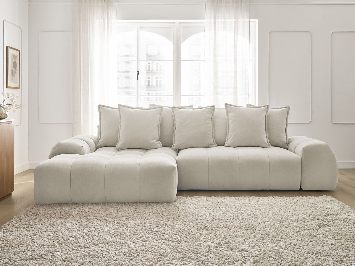 Bobochic Everest Ecksofa mit Schlaffunktion und Bettkasten 318 × 180 cm, 7 Kissen Strukturstoff Beige Ecke links
