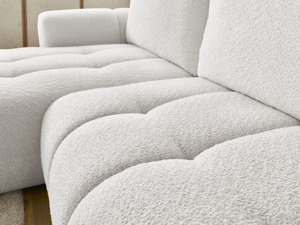 Bobochic Fuji Ecksofa mit Schlaffunktion und Bettkasten und Pouf 292 × 160 cm Bouclé-Stoff Weiß Ecke links