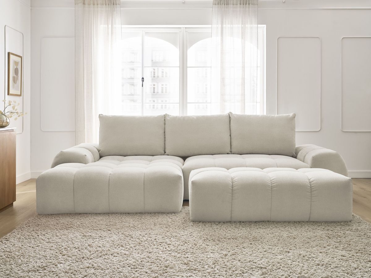 Bobochic Everest Ecksofa mit Schlaffunktion und Bettkasten und Pouf 318 × 180 cm, 3 Kissen Strukturstoff Beige Ecke links