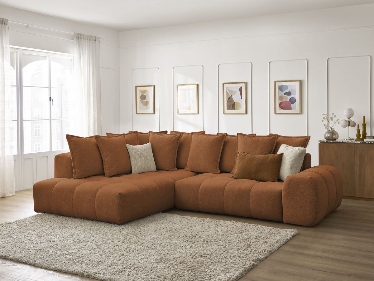 Bobochic Everest Ecksofa mit Schlaffunktion und Bettkasten 320 × 212 cm, 10 Kissen Melange-Stoff Orange Ecke links