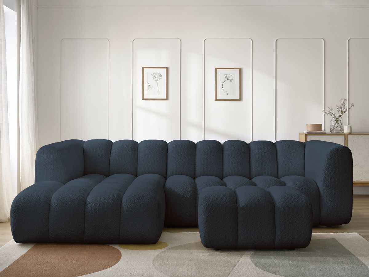 Bobochic Talia Ecksofa mit Pouf Bouclé-Stoff Dunkelblau Ecke links