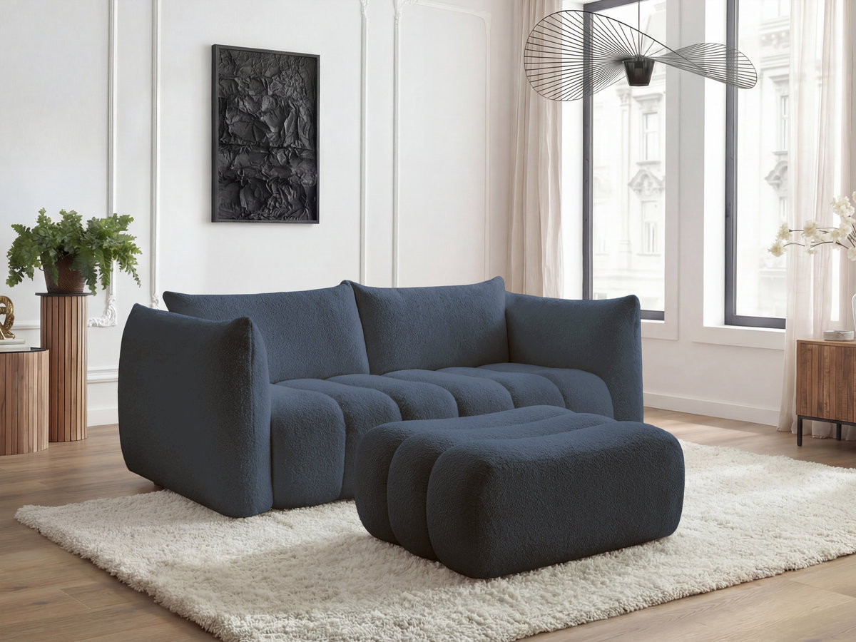 Bobochic Azra Sofa 3-Sitzer mit Pouf Bouclé-Stoff Dunkelblau