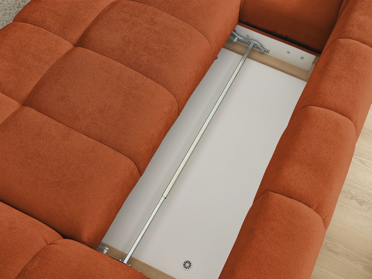 Bobochic Everest Ecksofa mit Schlaffunktion und Bettkasten 318 × 180 cm, 3 Kissen Strukturstoff Orange Ecke links
