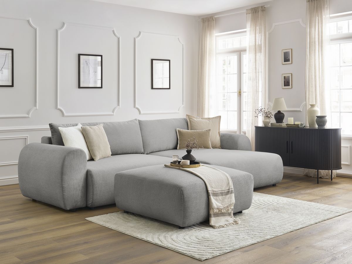 Bobochic Lucien Ecksofa mit Schlaffunktion und Bettkasten und Pouf 314 × 167 cm Stoff Hellgrau Ecke rechts