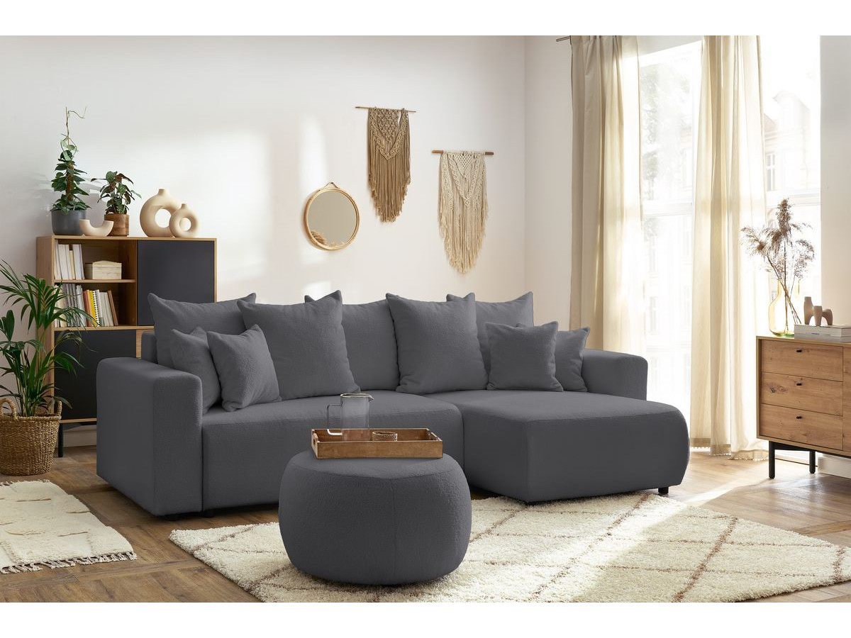 Bobochic Envy Ecksofa mit Schlaffunktion und Bettkasten und rundem Pouf Bouclé-Stoff Dunkelgrau