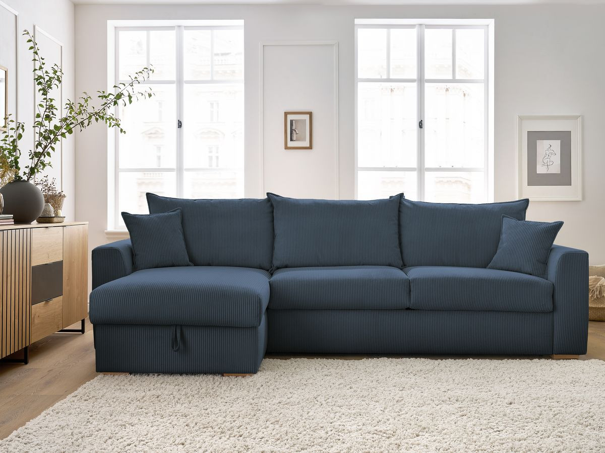 Bobochic Augustin Ecksofa mit Schlaffunktion und Bettkasten Cordsamt Dunkelblau, Liegefläche 160 × 200 cm