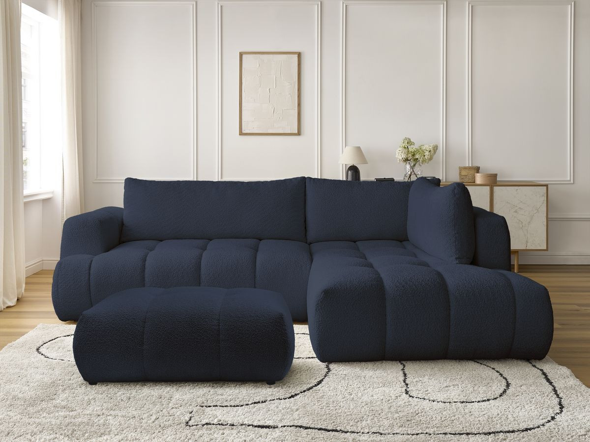 Bobochic Fuji Ecksofa mit Schlaffunktion und Bettkasten und Pouf 282 × 204 cm Bouclé-Stoff Dunkelblau Ecke rechts